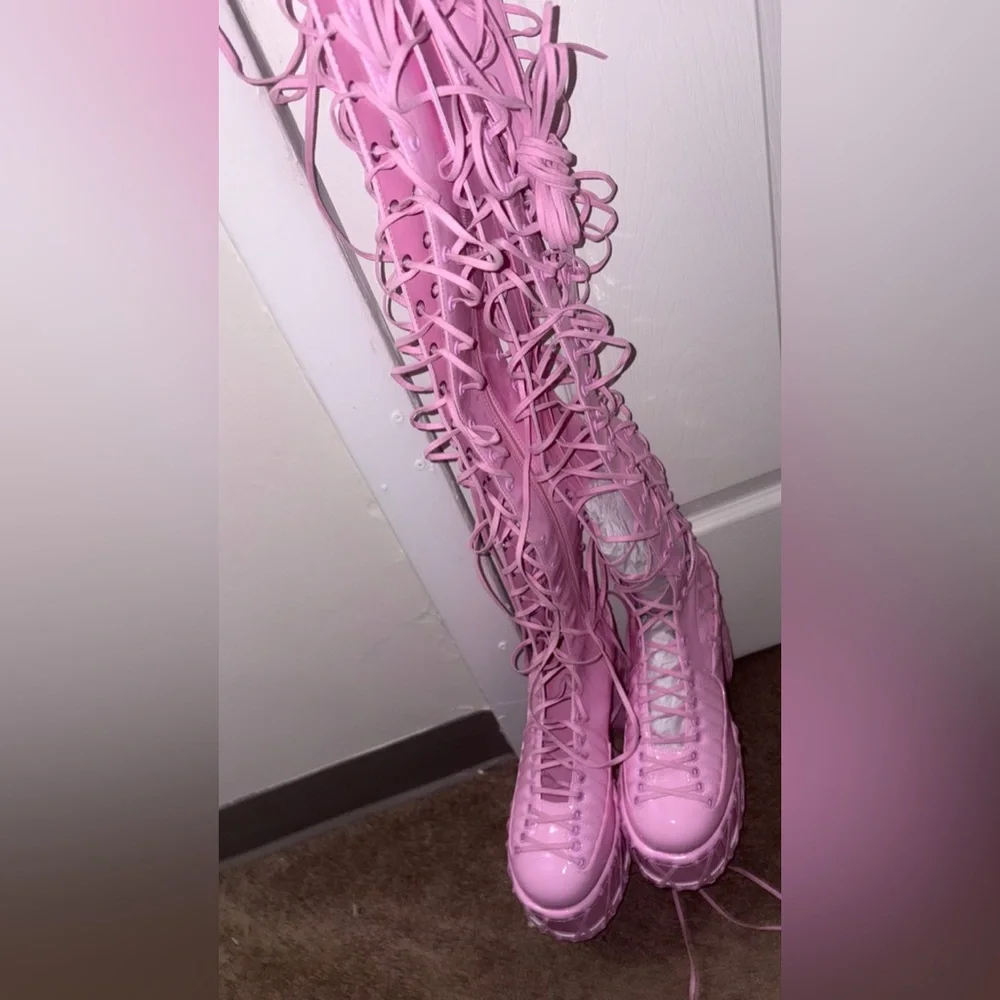 Dolls Kill Pink Lace-Up Platform Boots - Picture 3 of 3